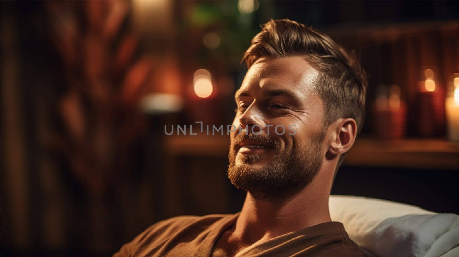 young well-groomed man client of a spa salon awaiting a body care or massage procedure.