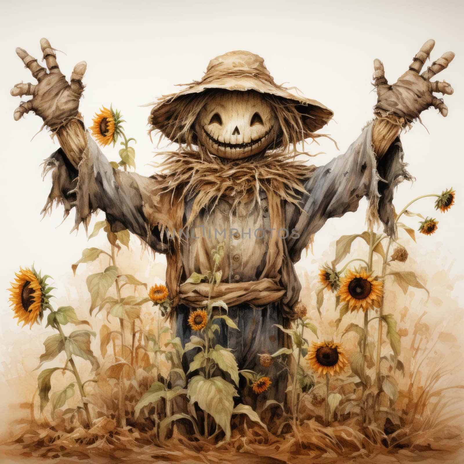 laughing scarecrow made of branches and old clothes on a farmer's field.drawing on a light background