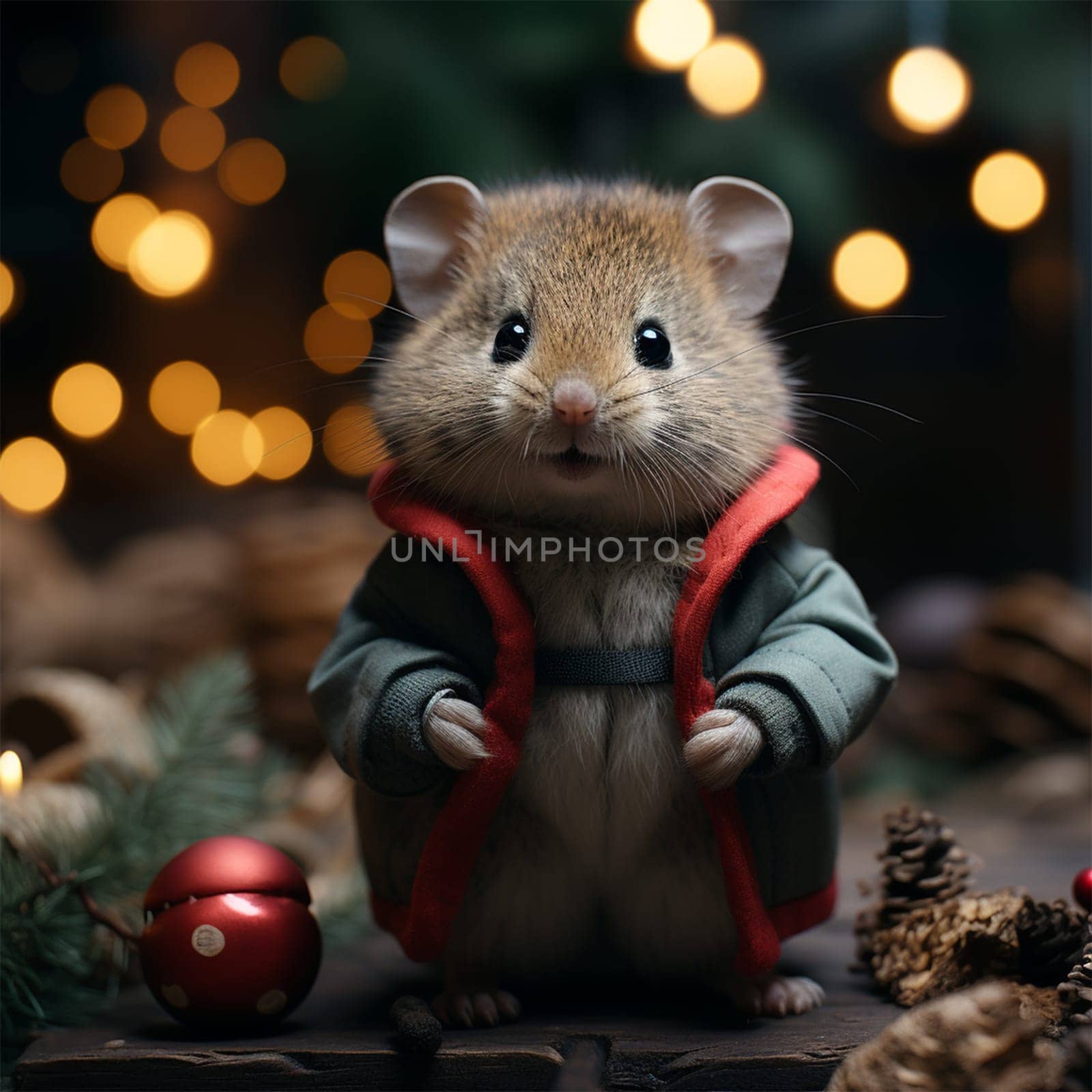 cute little mouse in a jacket for Christmas. holiday card