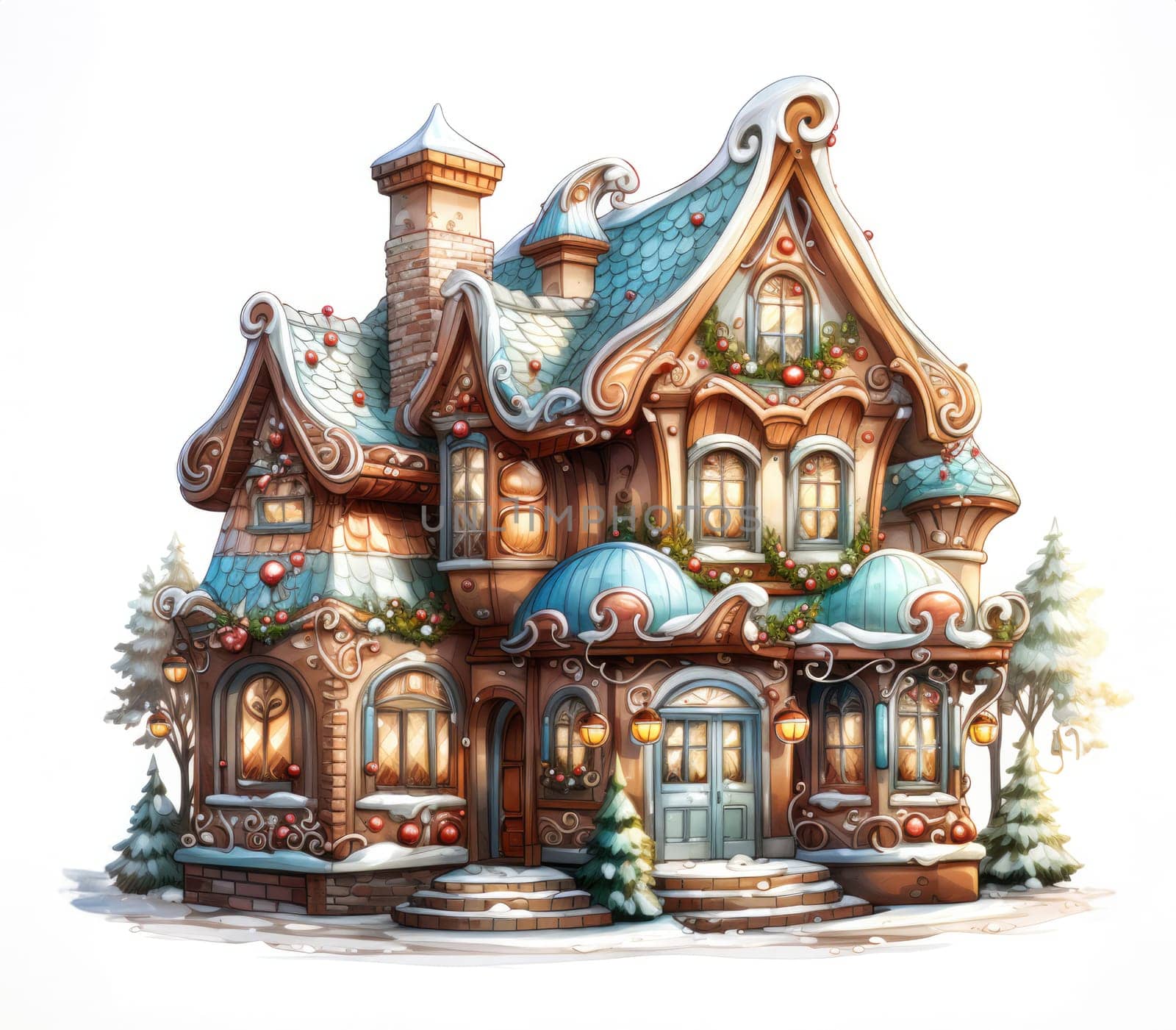 Magical gingerbread Christmas house in the forest. illustration on white background