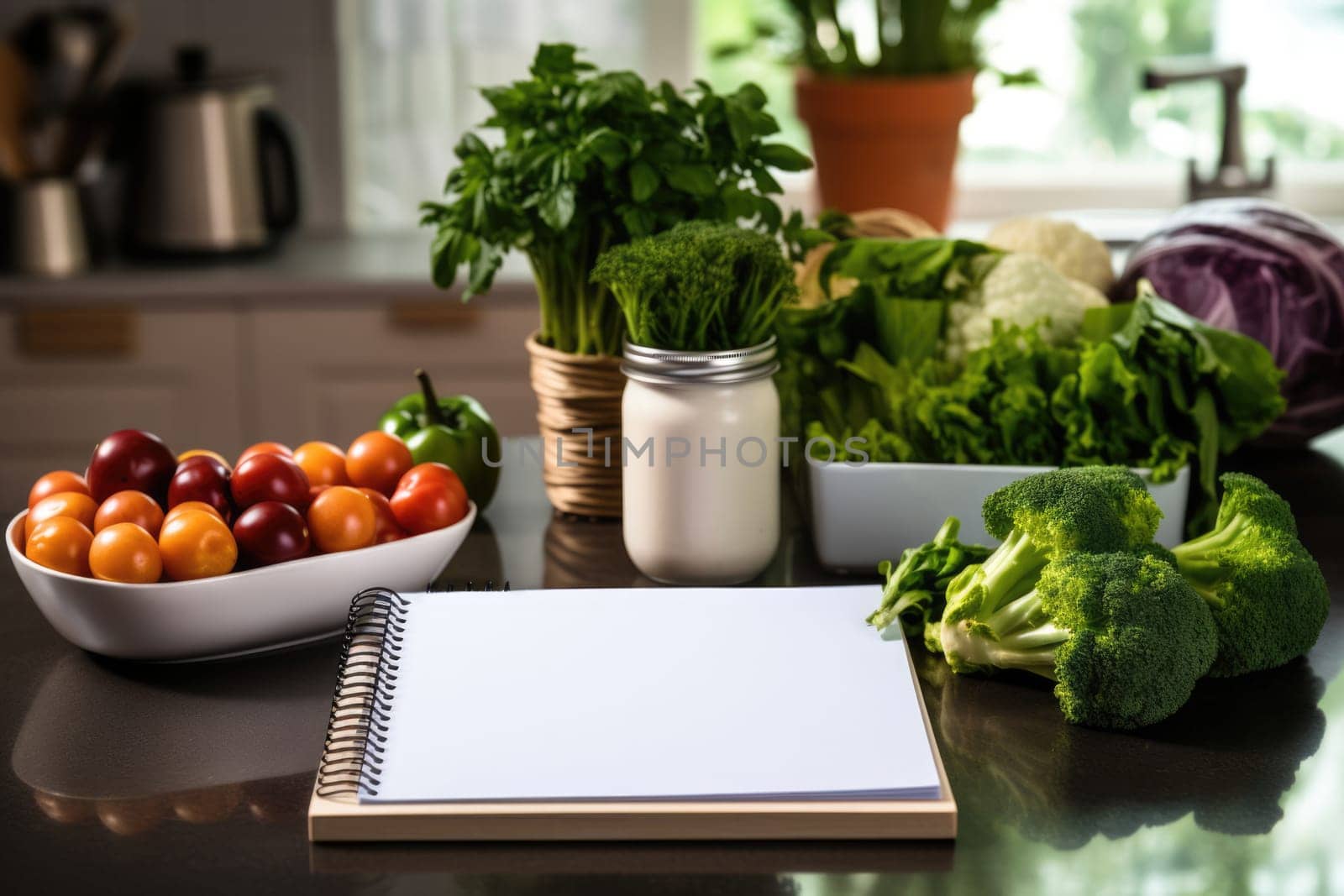 Healthy foods, fruits and vegetables with a blank white notepad for writing. Healthy food choices for the heart, healthy lifestyle concept.