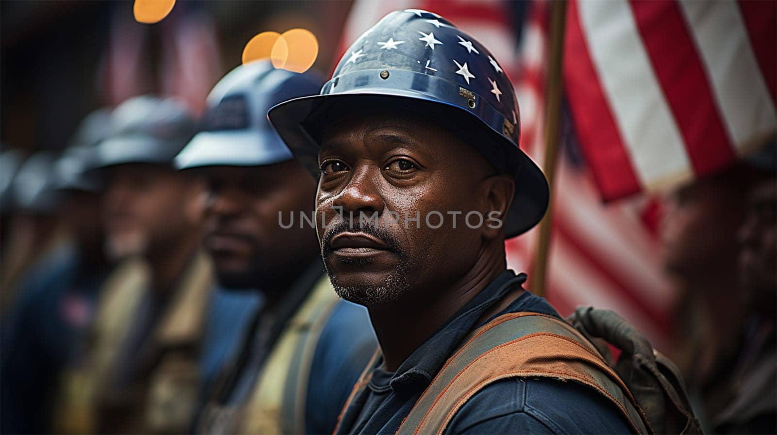 portraits of workers in hard hats against the background of a blurred image of a city street