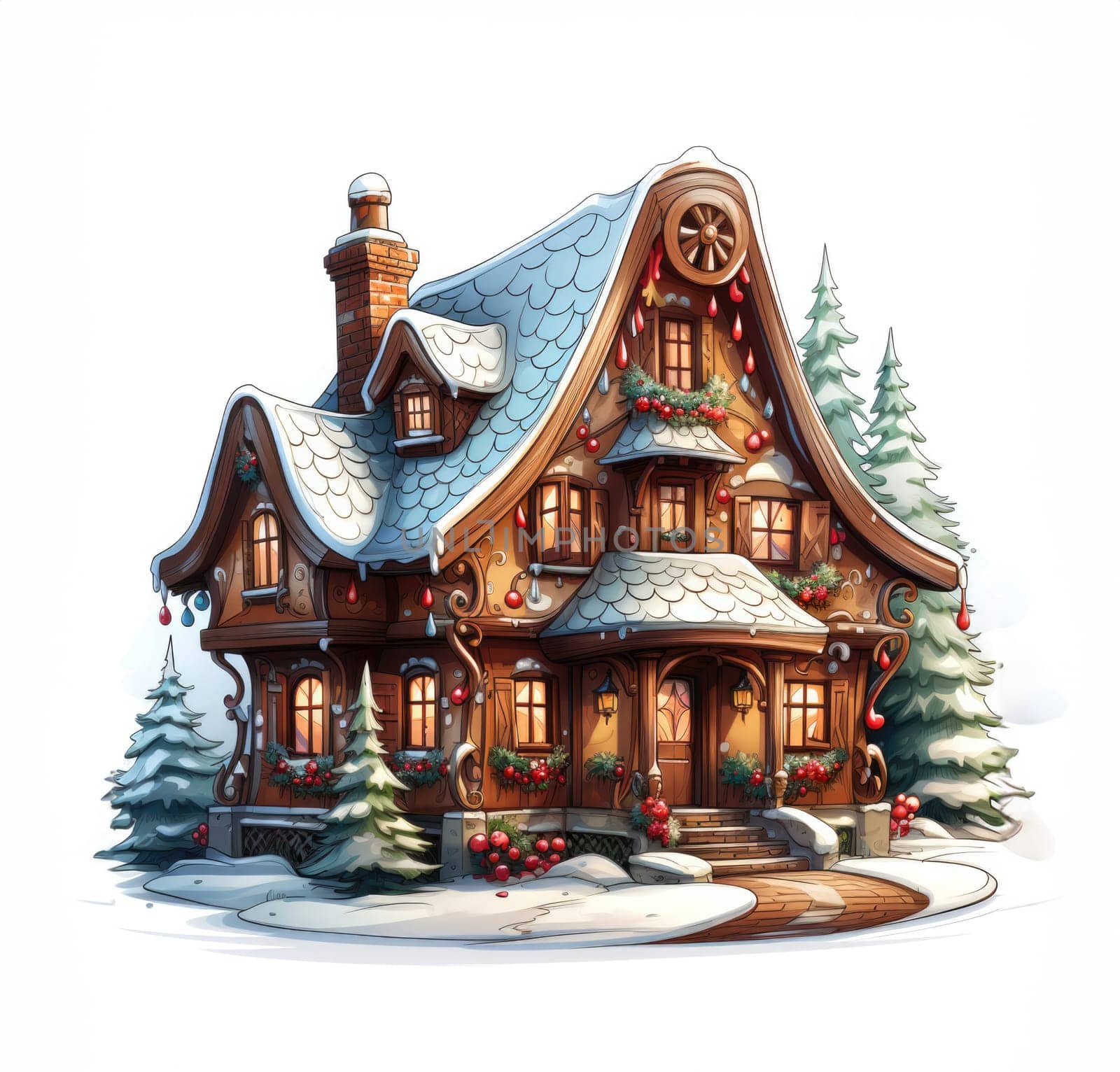 Magical gingerbread Christmas house in the forest. illustration on white background