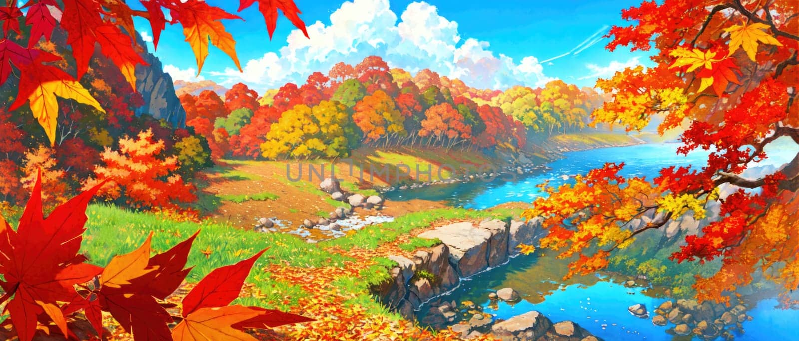 anime style autumn fall river landscape, ai