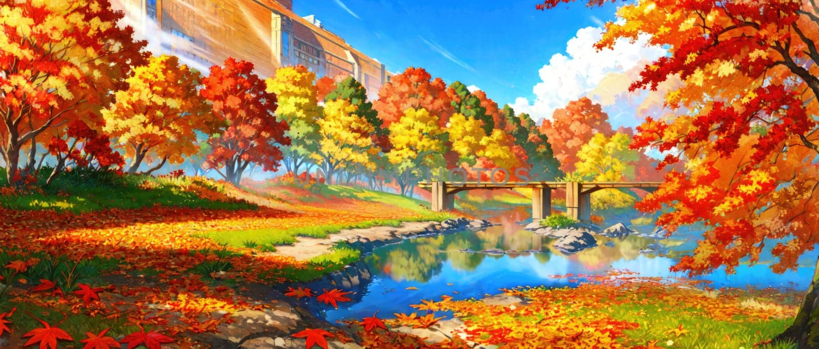 anime style autumn fall river landscape, ai