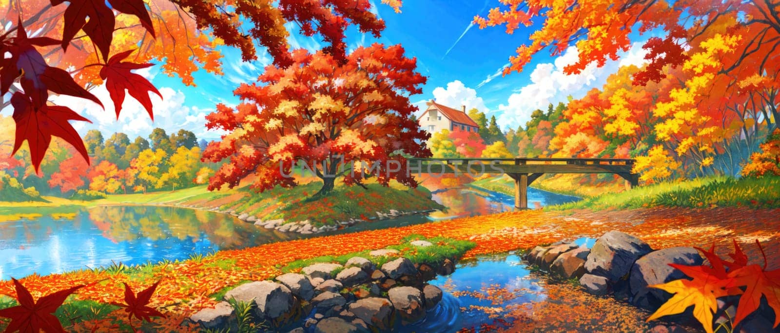 anime style autumn fall river landscape, ai