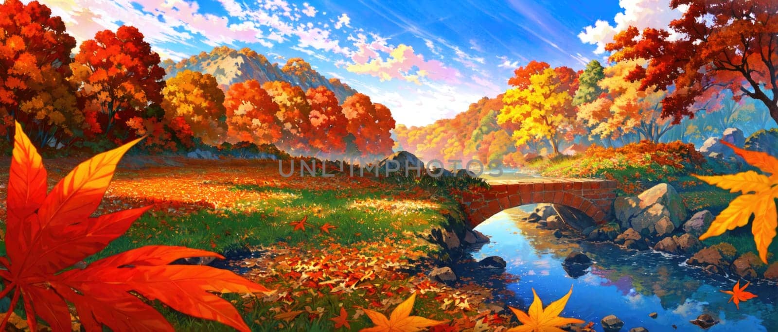 anime style autumn fall river landscape, ai