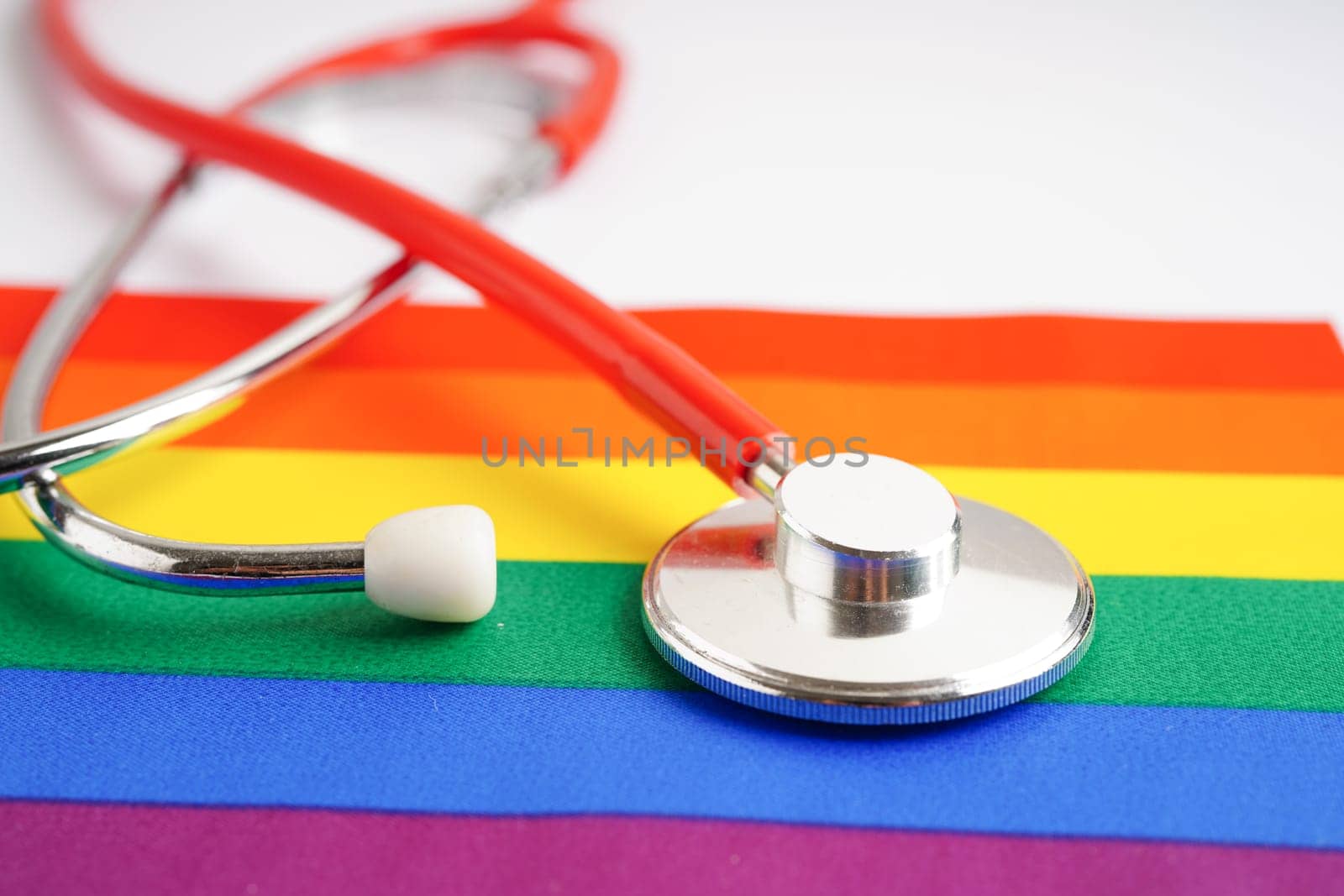 LGBT symbol, Stethoscope with rainbow ribbon, rights and gender equality, LGBT Pride Month in June.