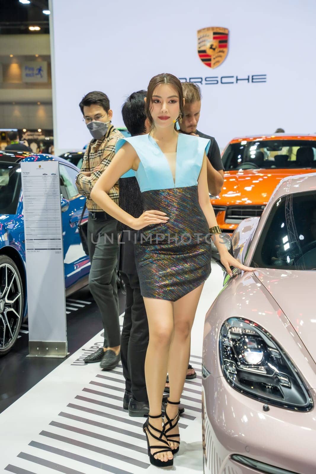 Nonthaburi, Thailand - APR 2, 2023 Unidentified model poses with a car at The 44th Bangkok international motor show 2023 at IMPACT Arena, Muang Thong Thani, Nonthaburi, Thailand.