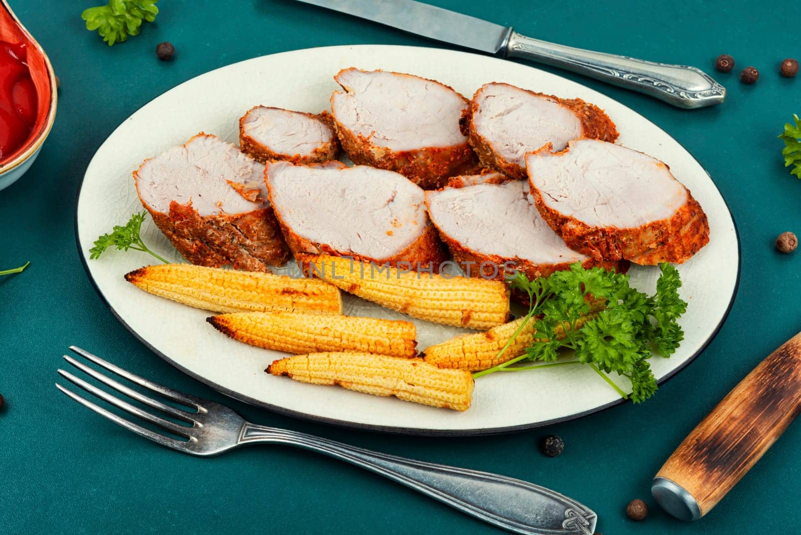Sliced pork tenderloin grilled with corn. Modern style
