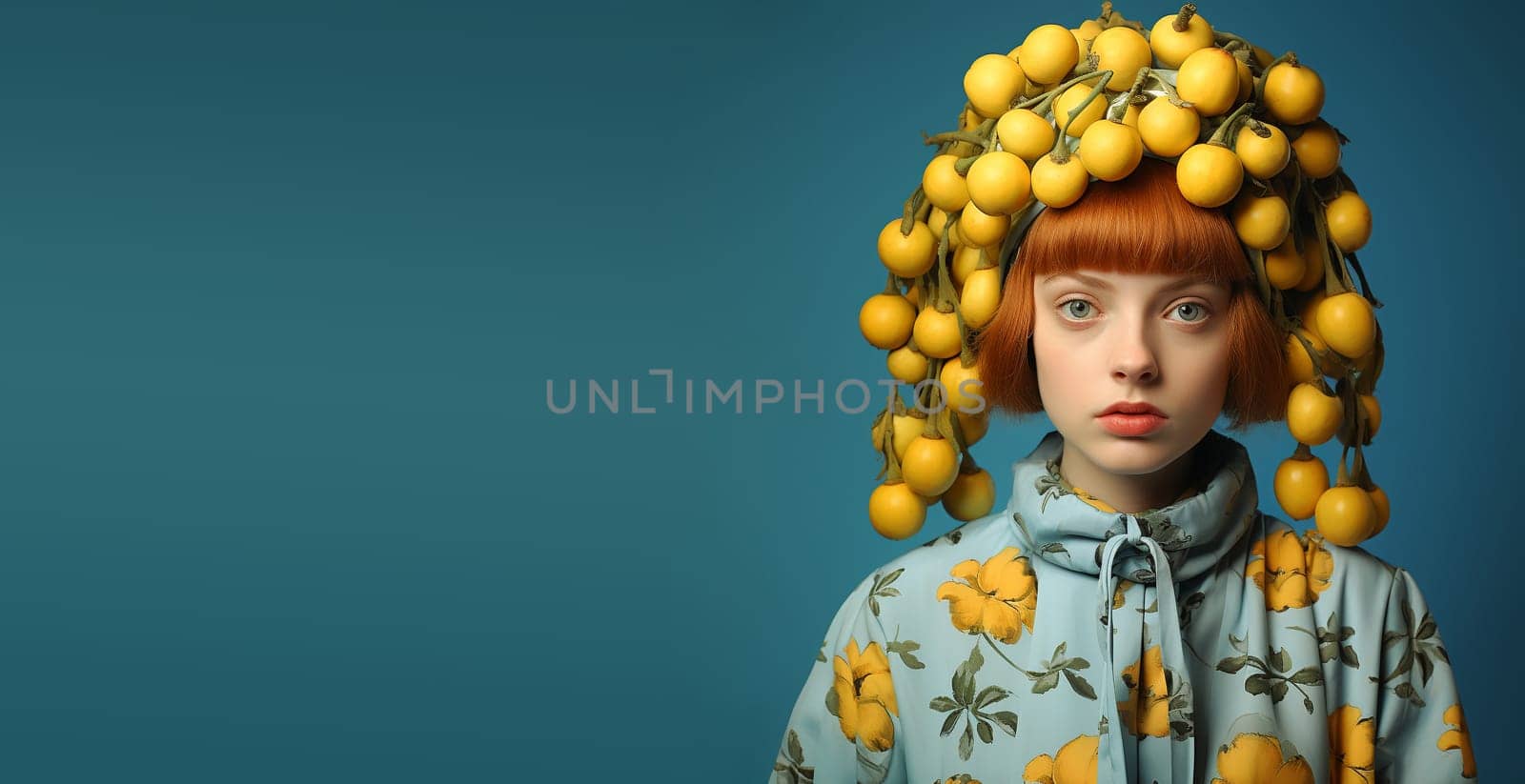 Portrait of a woman with fruit in her hair, yellow tomatoes or dates, healthy eating, harvest