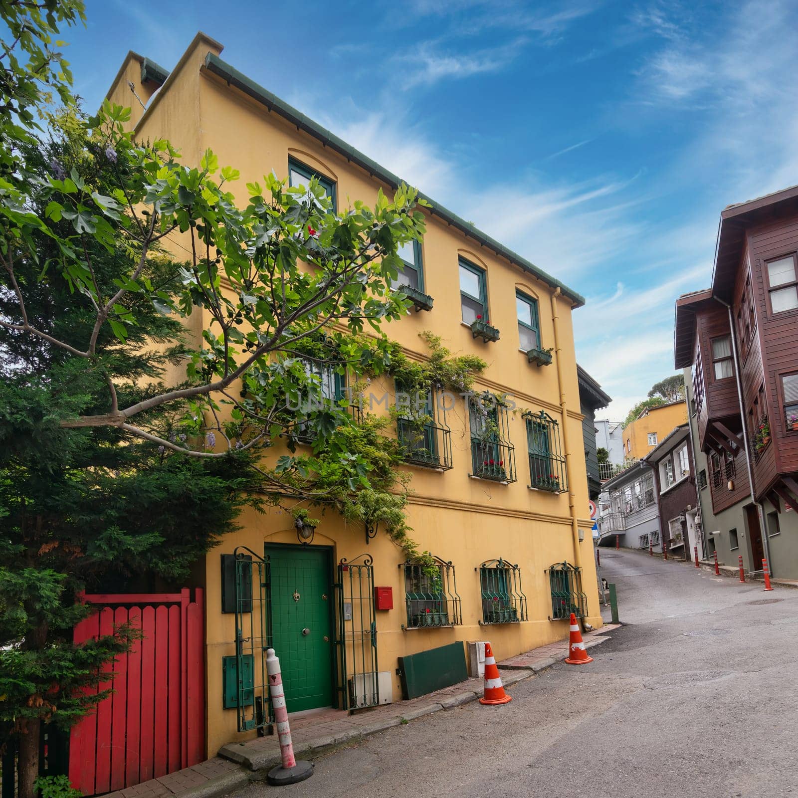 Facade of residential building with walls painted in orange and green, with wrought iron window and climber plants, at an alley suited in Kuzguncuk neighborhood, Uskudar district, Istanbul, Turkey
