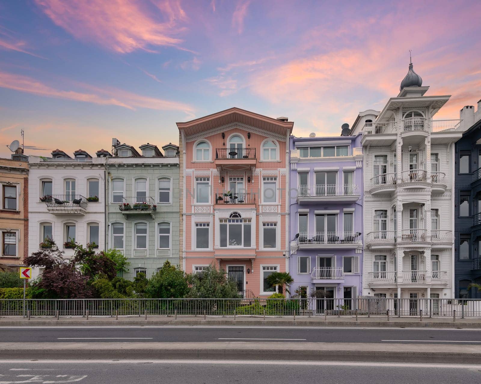 Colorful traditional residential buildings in Arnavutkoy neighborhood, Besiktas district, Istanbul, Turkiye, in a sunny spring day