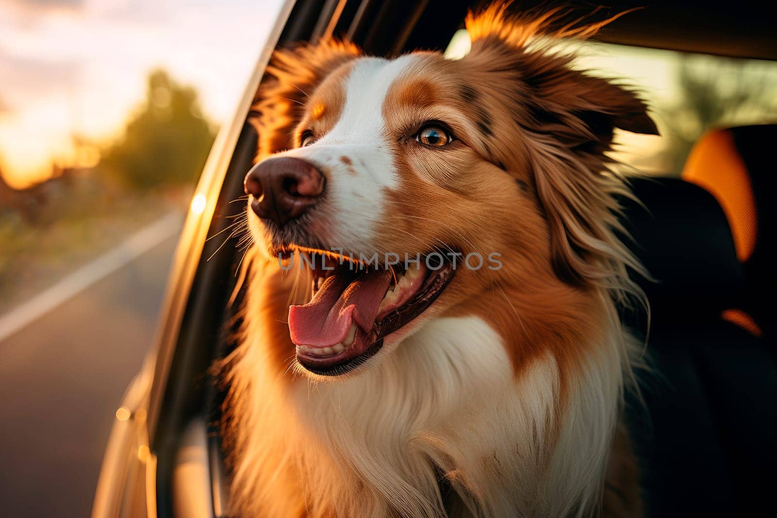 Cute dog looking out of car window. Pets travel concept. Dog enjoying from traveling by car. AI generated