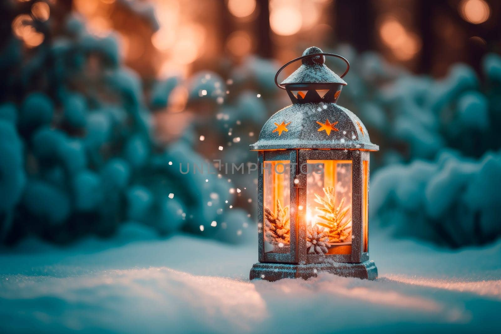 Decorated Christmas lantern with burning candle outdoors.Christmas flashlight in the forest with snow. AI generated