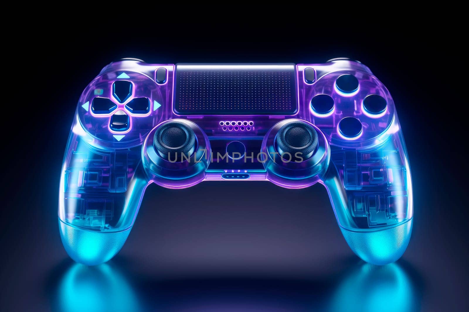 Neon glowing joystick gamepad, game console or game controller. Computer gaming. AI generated