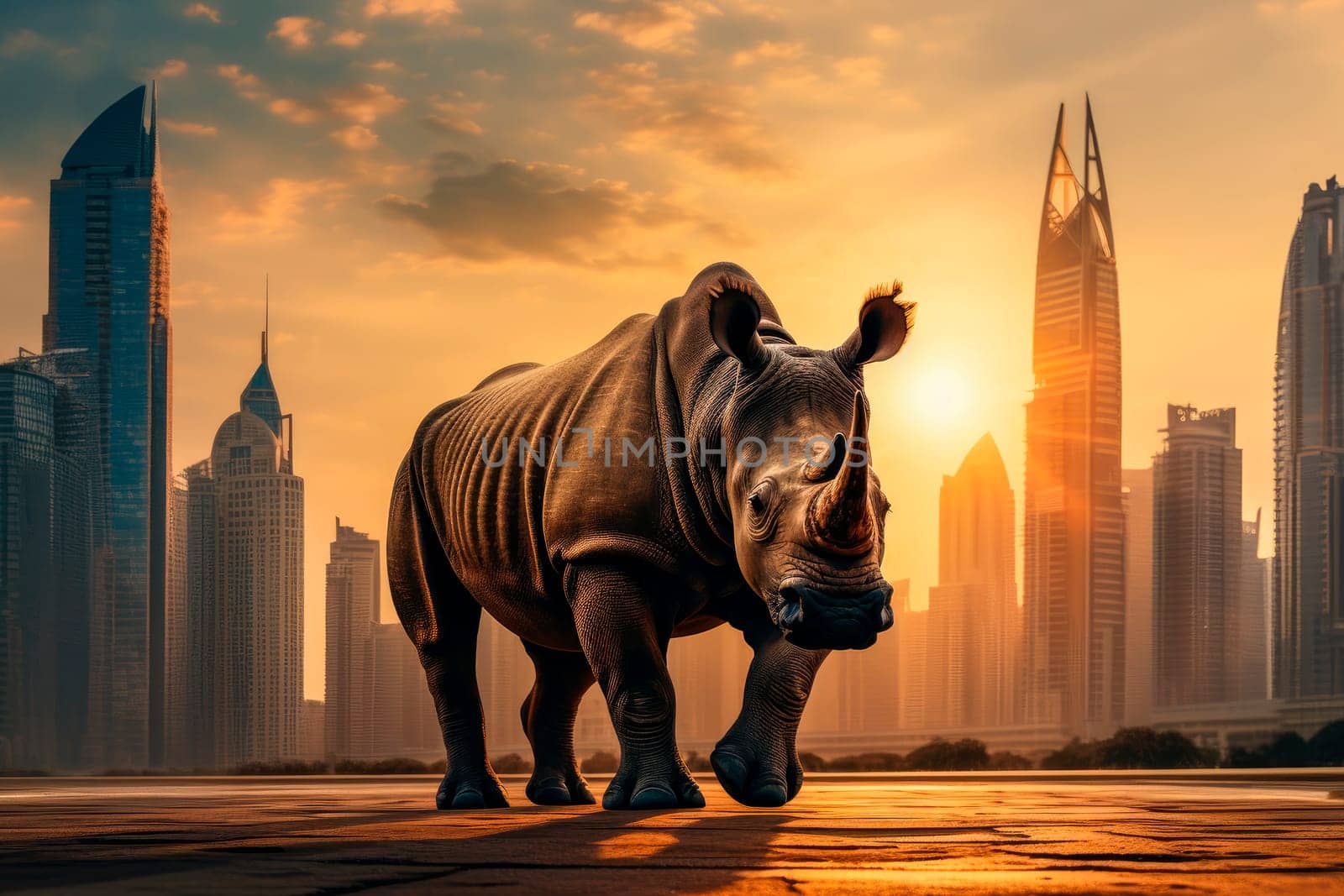 Lonely rhinoceros walking on the empty city square floor with a skyline scenery of glass skyscrapers. AI generated