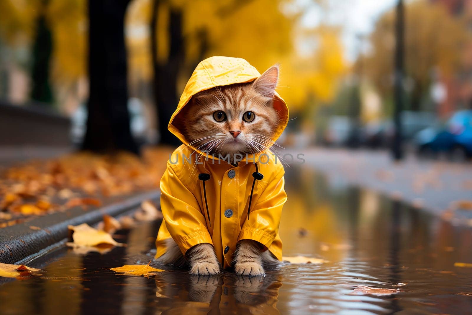 Adorable cat in a raincoat sits in a puddle on the street in autumn. Fall season concept. AI generated