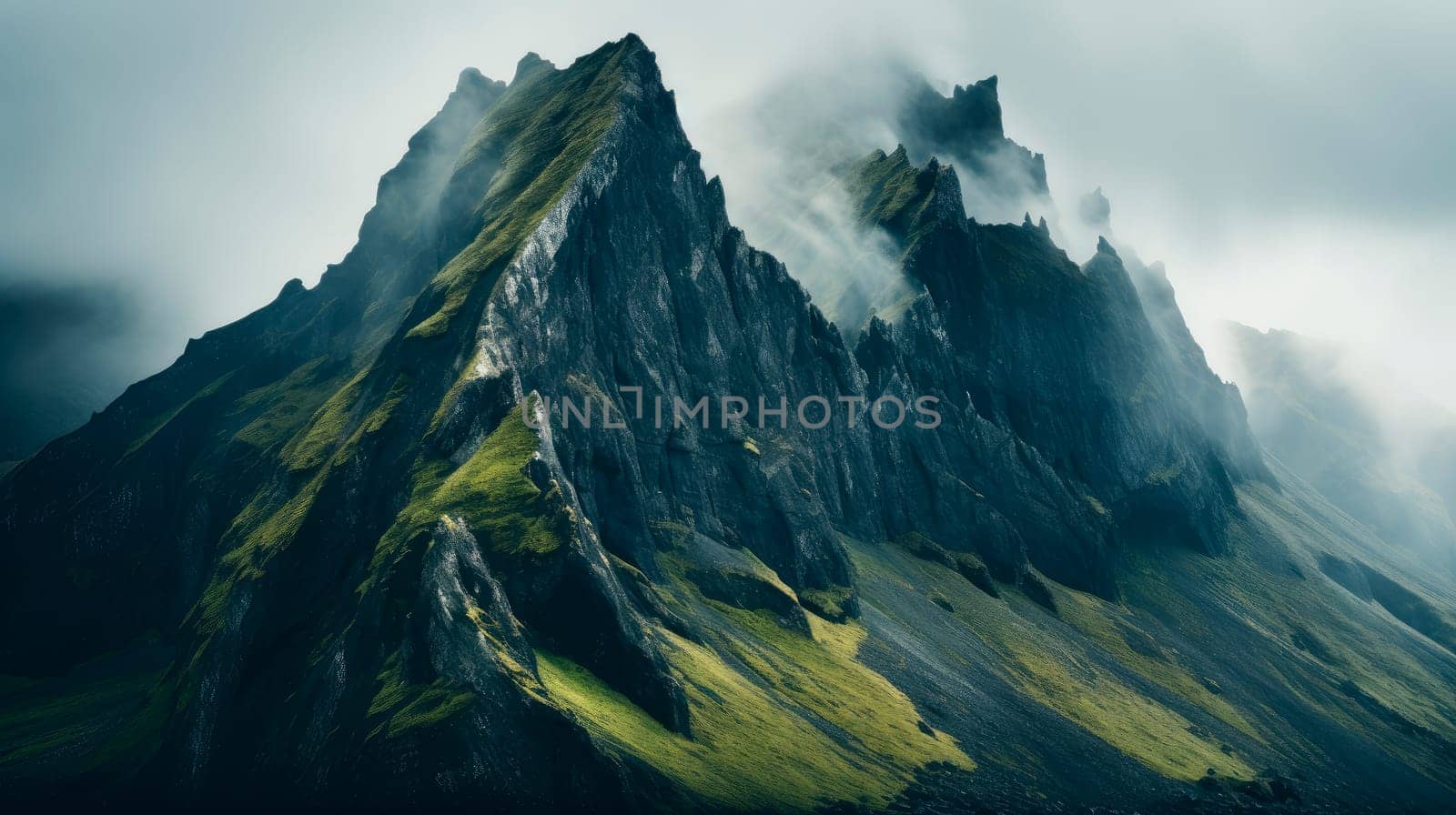 Cliffs towering clouds,the magic of nature. Rocky mountains cliff and clouds. Serene scenery of wild nature. AI generated