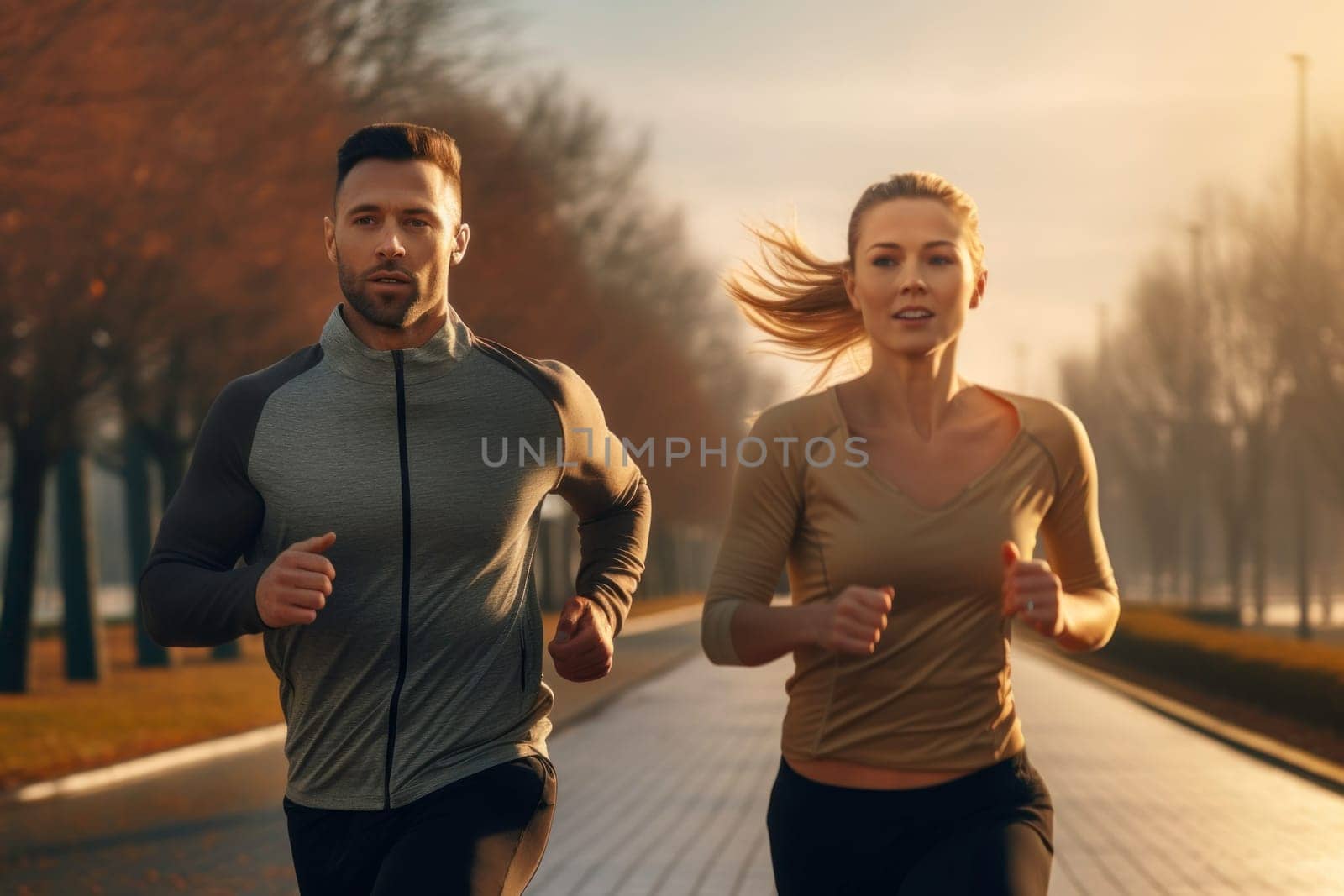 Couple running outdoor during workout on autumn day. Man and woman jogging in park. Active people. People while cardio training. Physical fitness. Cardio workout. Healthy lifestyle. Daily routine. Body exercises