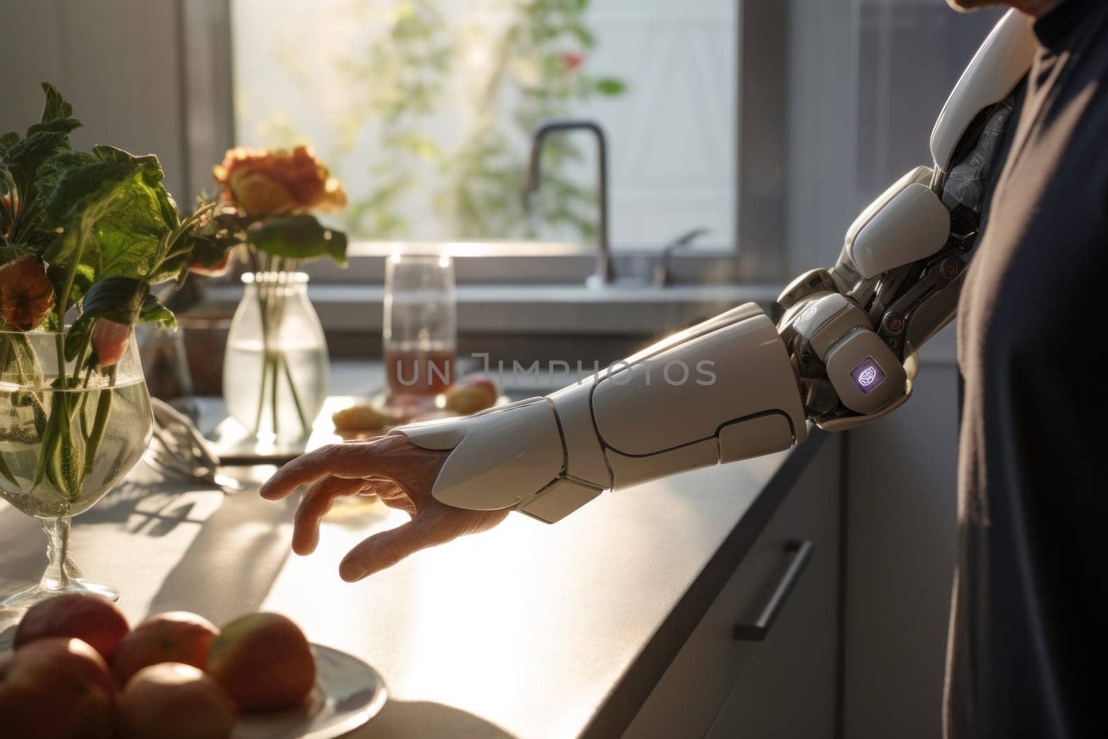 Elderly person with prosthetic robotic arm reaching fruit. Artificial limb. Equality and disability. Medical innovation. Futuristic health care. Routines with the disability