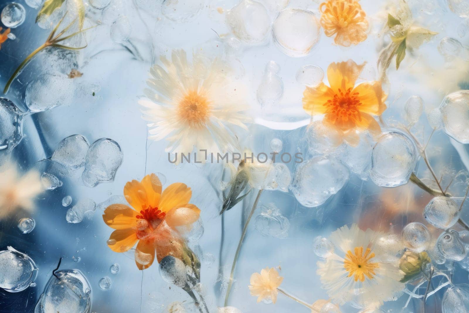 Field wild flowers in frozen water. Floral background. Wild flowers in ice. Botanical wallpaper. Natural decoration with field flowers in ice. Botanical wallpaper. Blossom composition