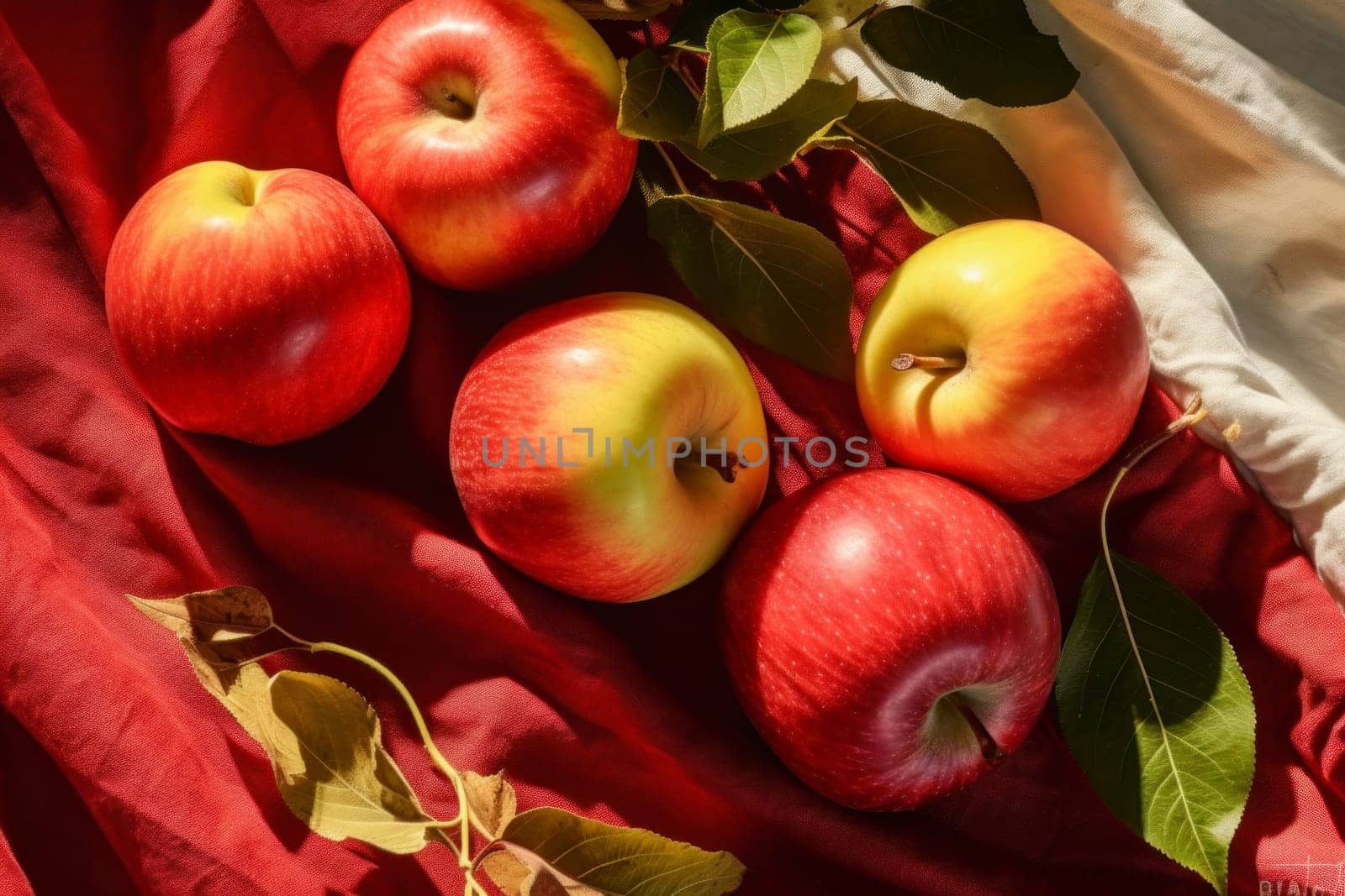 Freshly picked apples. Ripe fresh apples on  red linen cloth. Healthy food. Juicy sweet fruit. Autumn season. Organic product. Harvest time. Apples and leaves