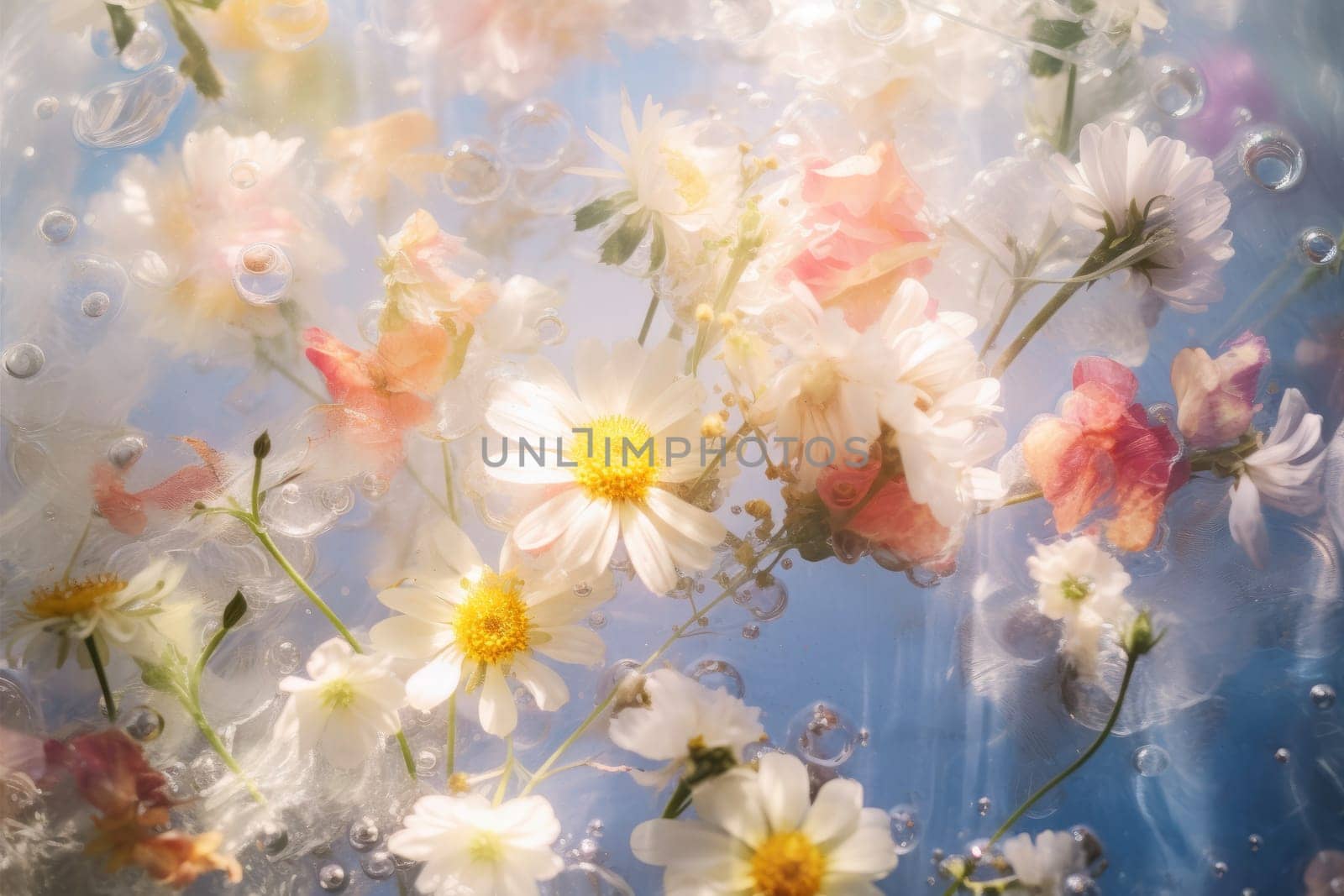 Wild flowers in clear water. Floral background. Natural composition. Botanical wallpaper. Natural decoration with field flowers blue water. Blossom composition