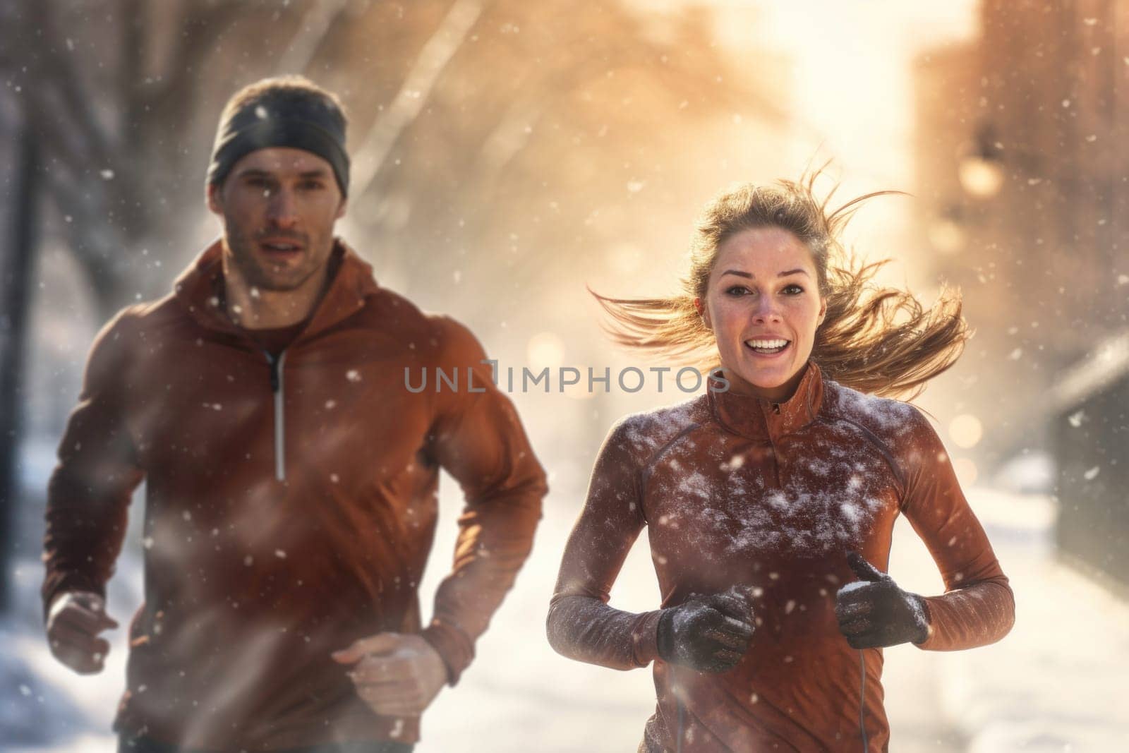 Couple running outdoor during workout on winter day. Man and woman jogging in park. Active people. People while cardio training. Physical fitness. Cardio workout. Healthy lifestyle. Daily routine. Body exercises