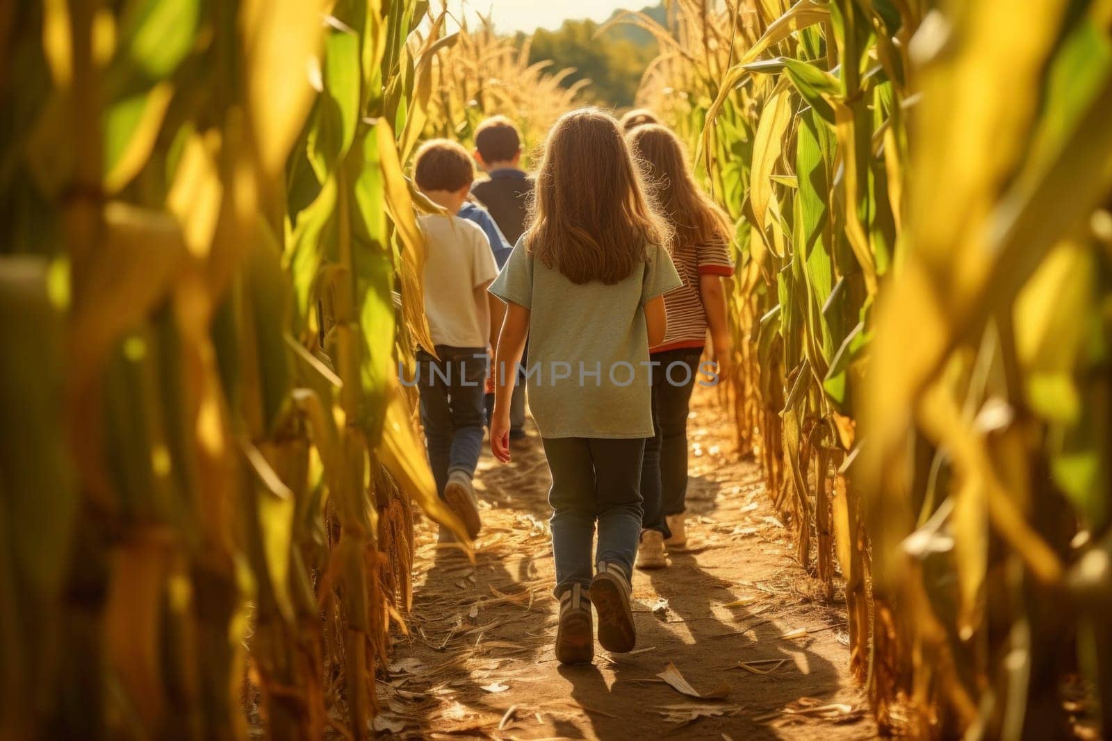 Group of children exploring corn maze in the fall day. Friends playing in corn maze. Kids on pathway in corn field. Popular tourist attraction. Playing on corn labyrinth field