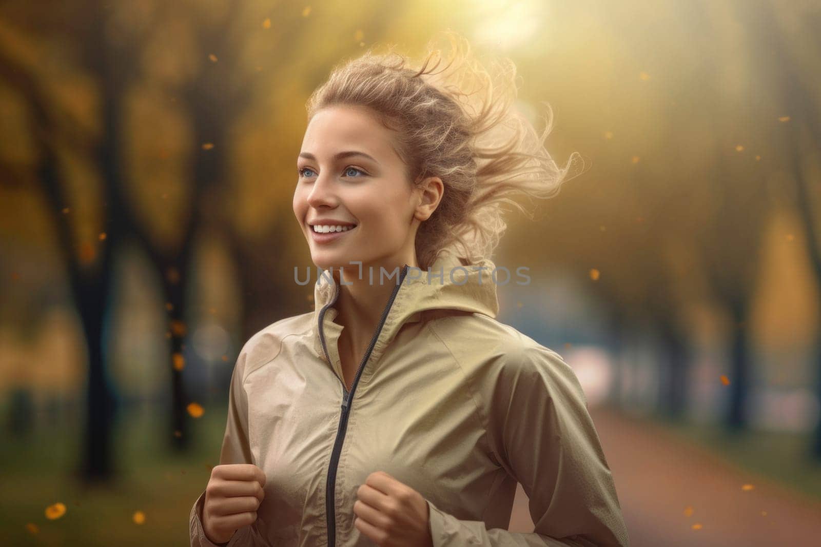Young woman running outdoor during workout on autumn day. Woman jogging in park. Active woman. Cardio training. Physical fitness. Cardio workout. Healthy lifestyle. Daily routine. Body exercises
