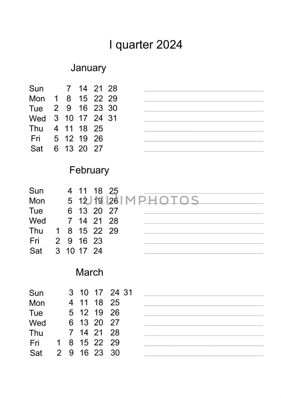 Calendar for first quarter 2024. Three months of 1 quarter 2024. Quarterly Calendar in English. Monthly planner. Quarterly planner. Business organizer. Calendar January Fabruary March