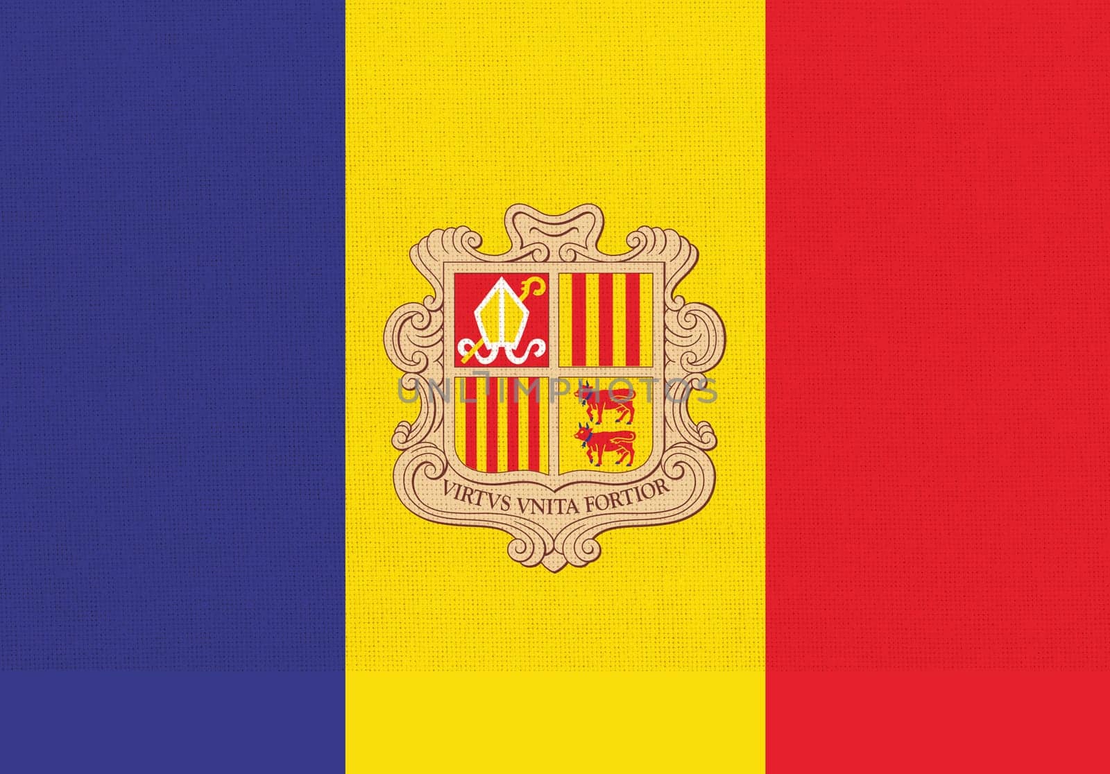 Flag of Andorra. Andorra flag on fabric surface. Andorian national flag on textured background. Andorian state flag illustration. Fabric Texture. Principality of Andorra. European country