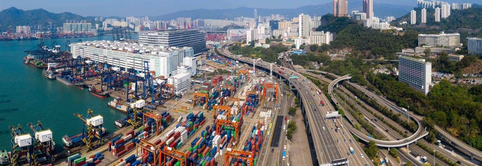 Kwai Tsing, Hong Kong 27 November 2019: Top view of Hong Kong cargo terminal port