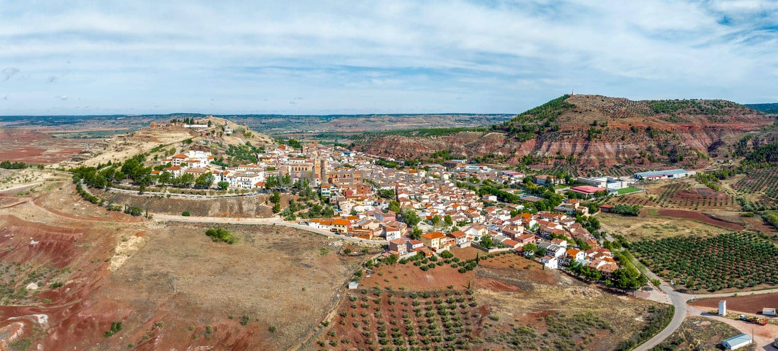 Aerial panoramic view of Alcaraz Albacete Spain, from fields