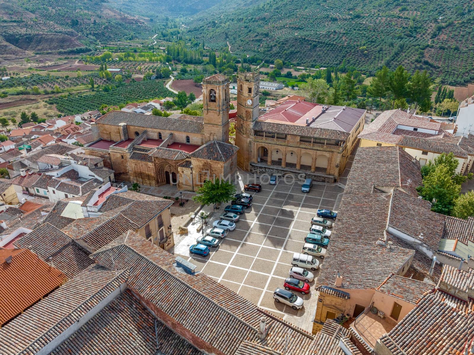 RenaissanceSquare in Alcaraz called Plaza Mayor with the Tardon and the Trinidad Towers. Albacete Spain