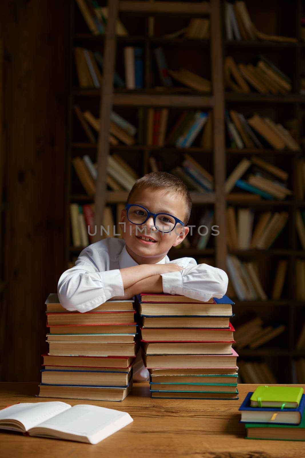 Back to school concept. Happy little schoolboy leaning on stack on textbooks ready to study hard on remote lessons of virtual classroom platform