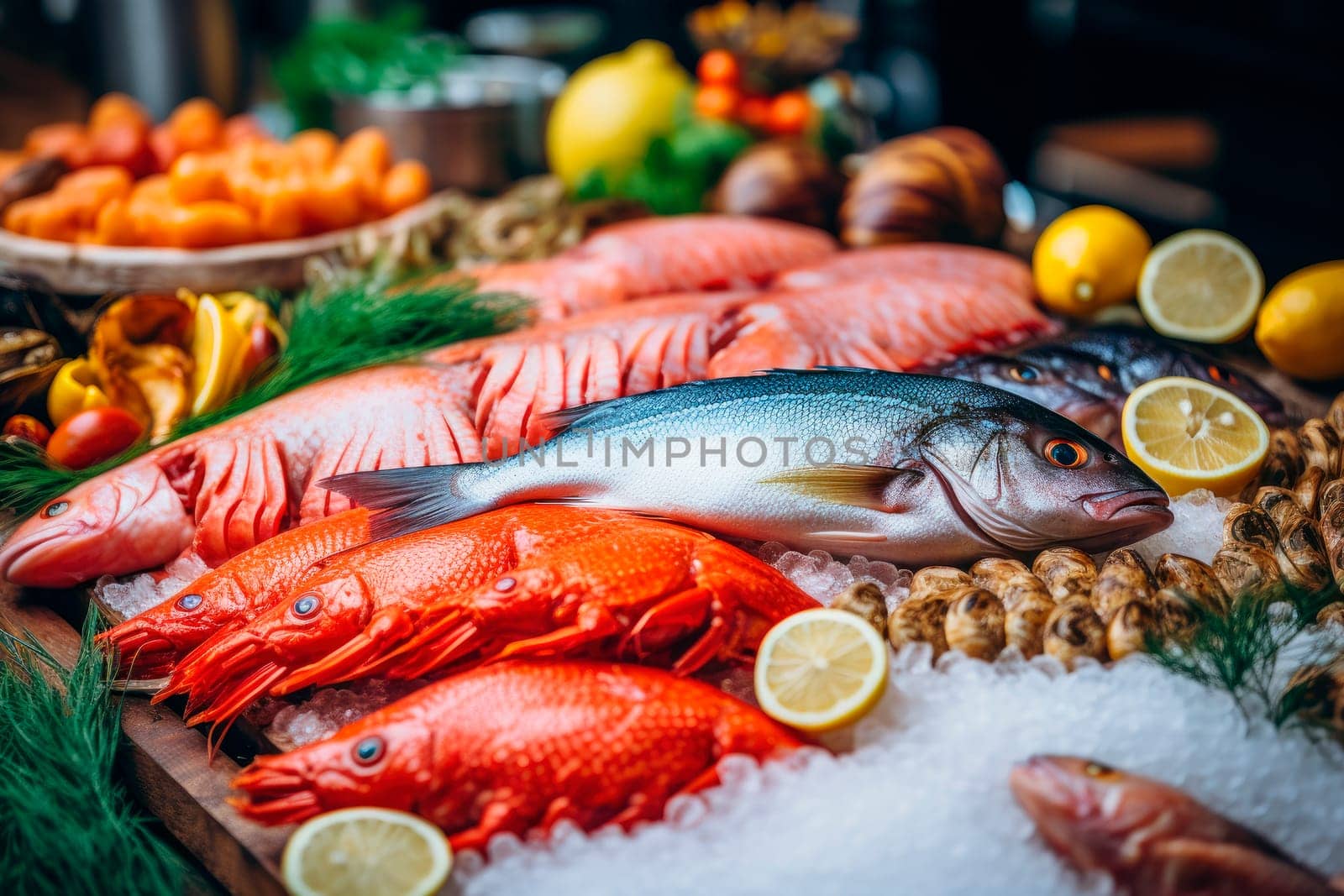 Fresh seafood on crushed ice, close-up. AI generated