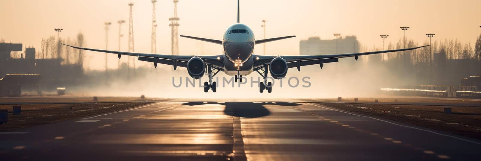 A large jet liner takes off from an airport runway at sunset or dawn with landing gear extended.generative AI.