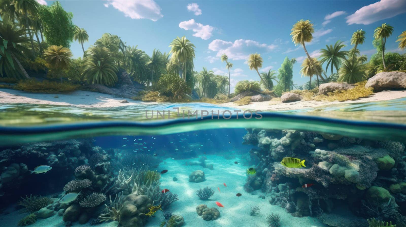 above water and underwater world. Above the water is a beautiful tropical island with large palm trees, under the water is a hyper-detailed tide and a coral reef.Generative AI