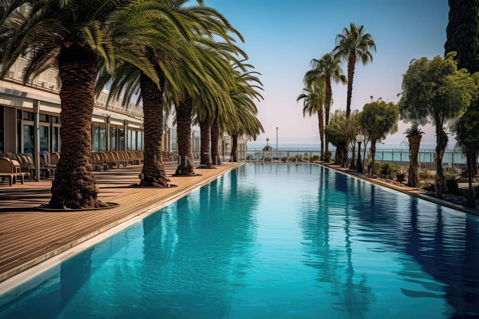 Promenade Limassol beautiful with palm trees in Cyprus with swimming pools in the park on the seashore. Generative AI
