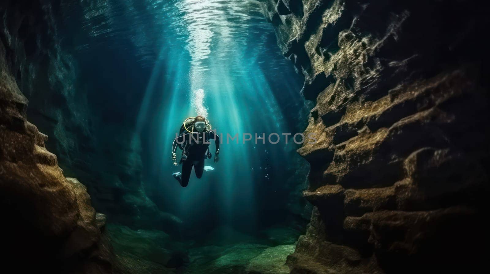 Deep sea scuba diver swimming in deep ocean cave in beams of light. Generative AI