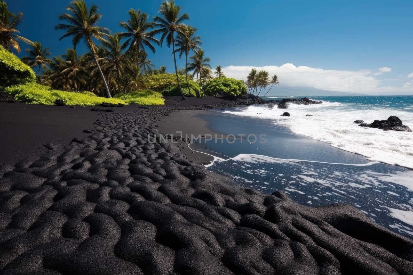 black sand and stones on the beach with palm trees