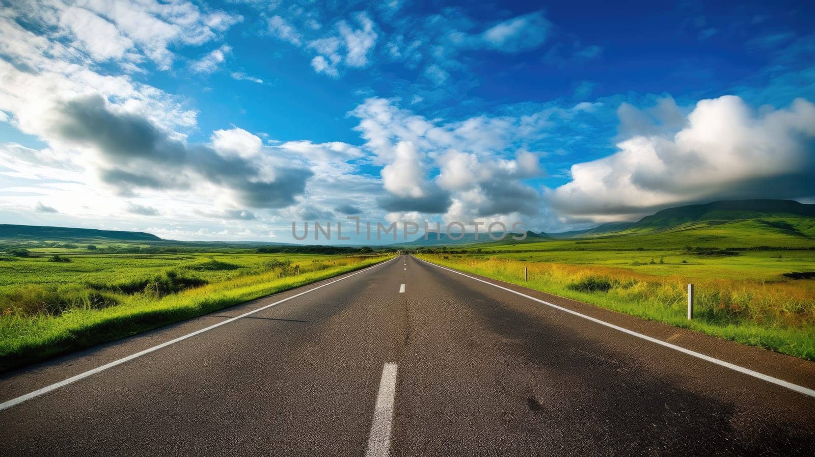 asphalt road in a comparative area leaving for the sky. Driving down an empty road towards the sun.