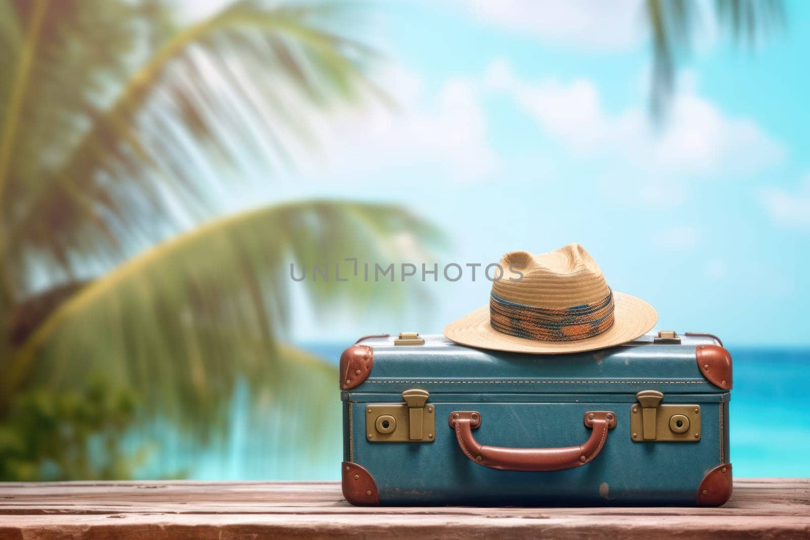blue summer suitcase and beach landscape with sea and coconut tree. vacation and travel concept. copy space