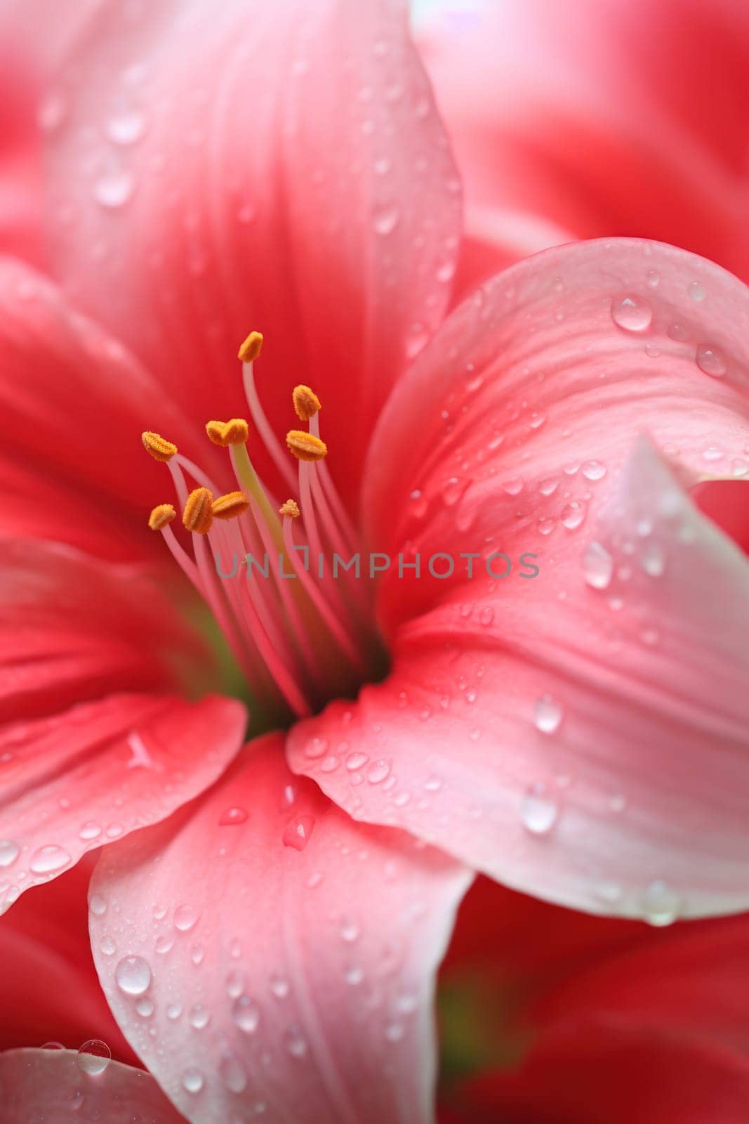 Pink and white flower petals close up. lily flower in full bloom, macro. floral background of delicate pink color