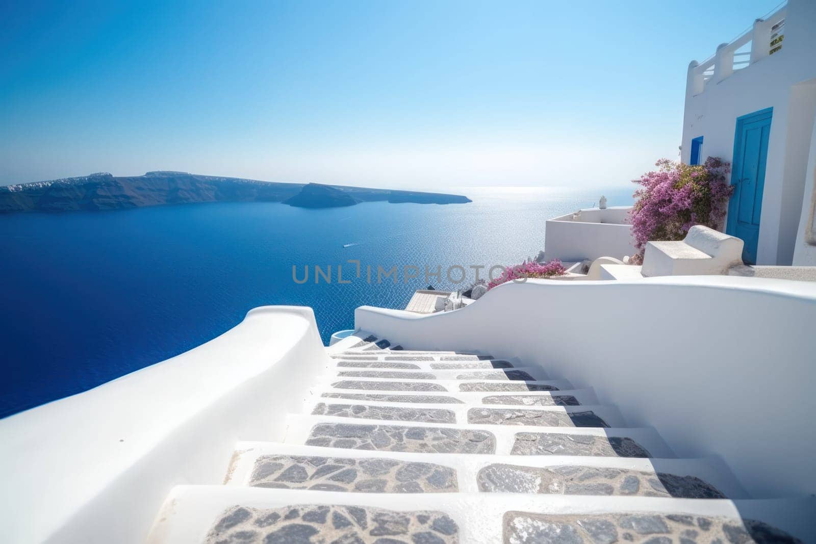 the snow-white steps of Santorini with the sea and blue sky in the background. Generative AI