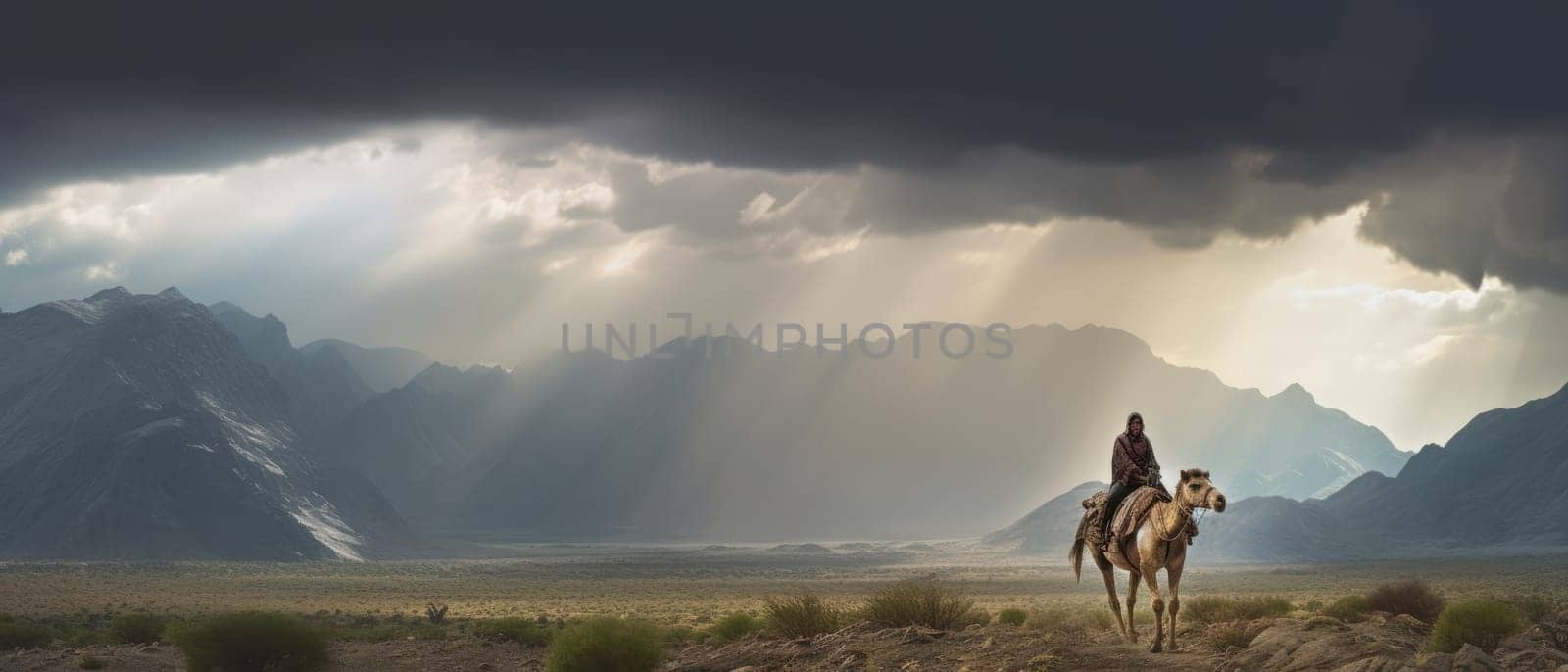 a lone traveler on a camel on the edge of the desert against the backdrop of mountains. rays of light break through the clouds on a cloudy day.