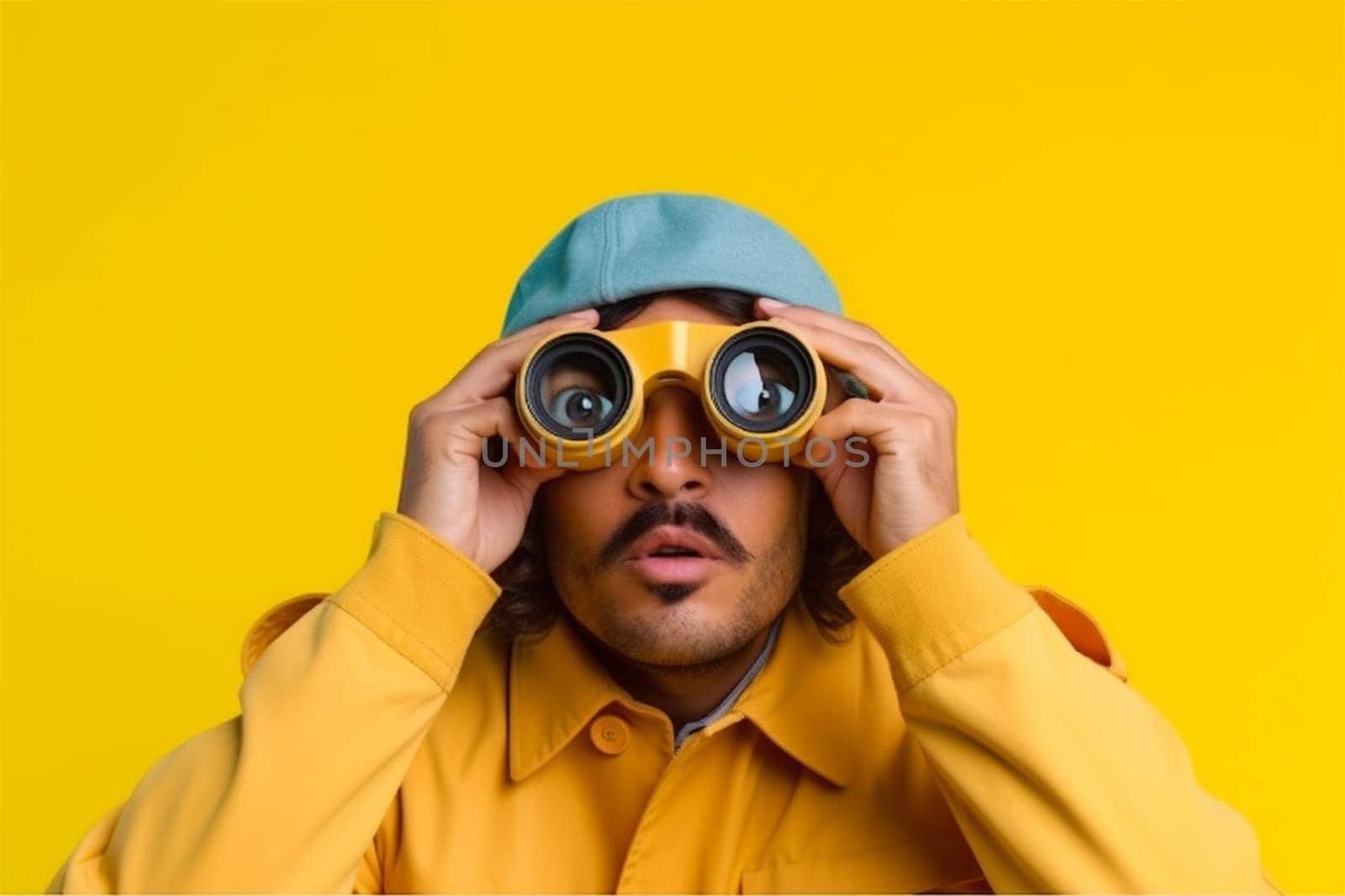 a man carefully look through binoculars on a yellow background.generative AI.