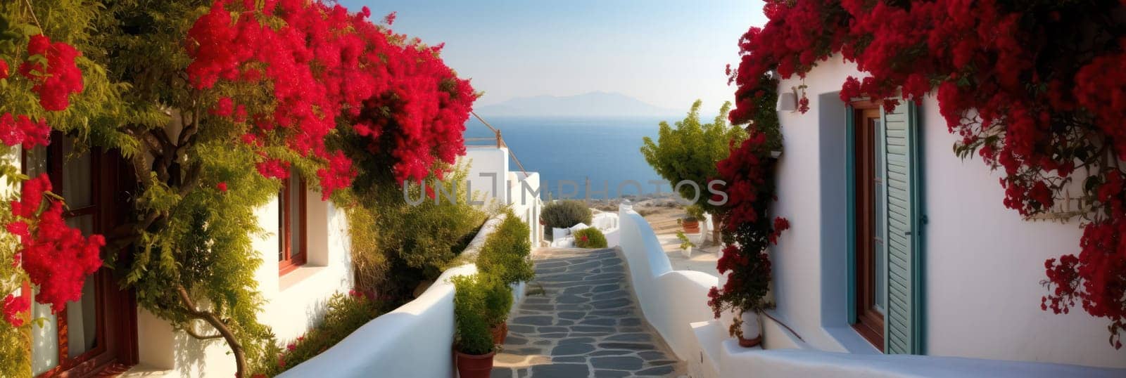 Greek street, whitewashed houses, beautiful red liana flowers, path to the sea. Generative AI